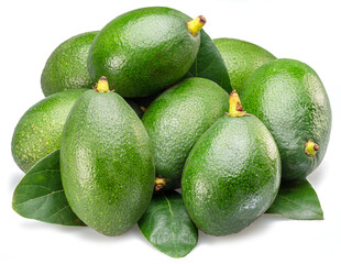Lot of avocado fruits with leaves isolated on white background.
