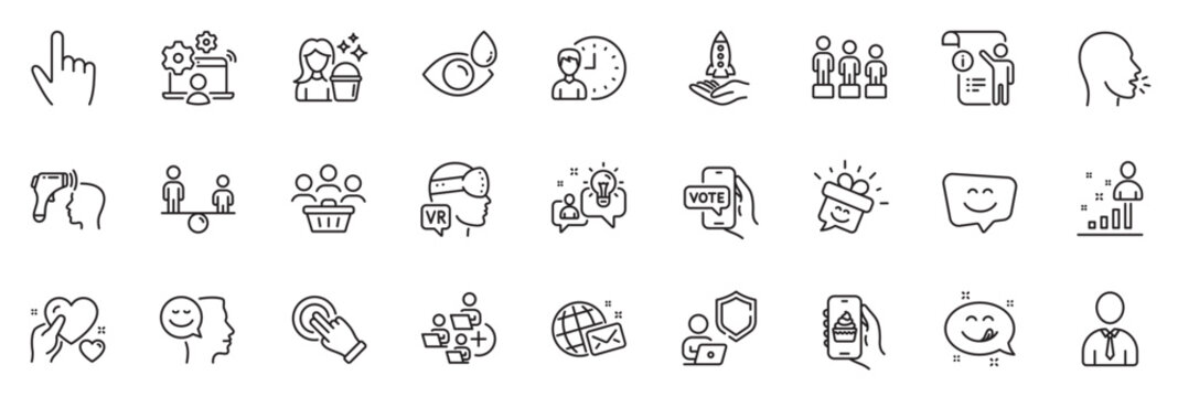 Icons pack as Equity, Stats and Idea line icons for app include Human, Smile, Food app outline thin icon web set. Hold heart, Cursor, Online voting pictogram. Yummy smile, World mail. Vector