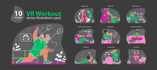 VR Workout set. Interactive and immersive fitness routines. Engaging virtual reality exercises across diverse activities. Dynamic home training experience. Flat vector illustration.