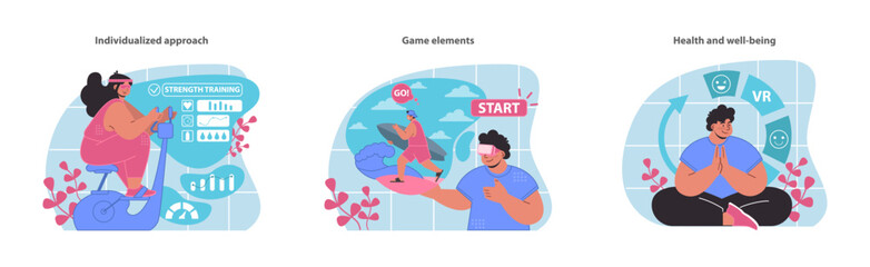 Dive into a personalized VR fitness regime with tailored strength training, playful game elements, and a serene focus on health and well-being, all in vibrant vector art.