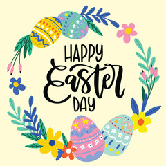 Happy Easter banner, poster, greeting card. Cute Easter design with typography, flowers, eggs, bunny ears, in pastel colors. Modern minimal style eps 10 vector illustration