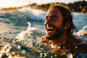 A determined human face breaks through the rippling water, fully immersed in the invigorating sport of swimming, surrounded by the tranquil beauty of nature in this captivating outdoor portrait