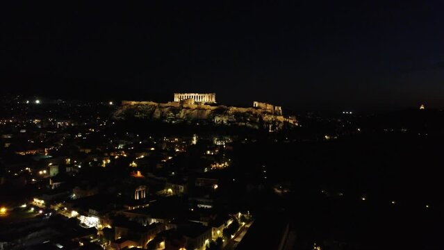 Panorama Of The City Of Athens With The Famous Ancient Acropolis In The Center In Athens, Greece. Aerial Shot