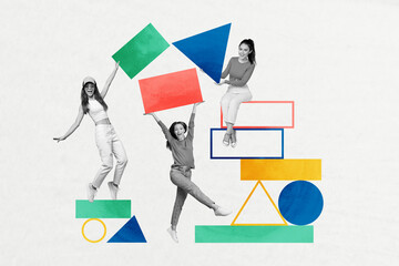 Horizontal creative colorful photo collage of people friends colleagues hold different elements...