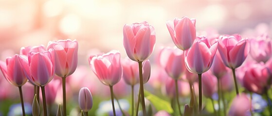 beautiful pink Tulip on blurred spring sunny background. bright pink tulip flower background for spring or love concept. beautiful natural spring scene, texture for design, copy space. banner
