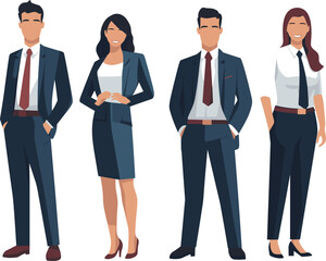 Four professionals are standing confidently in business attire in a vector illustration.