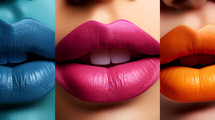 Set of beautiful female lips close-up, painted in different colors. Open  mouth. ai generative - obrazy, fototapety, plakaty