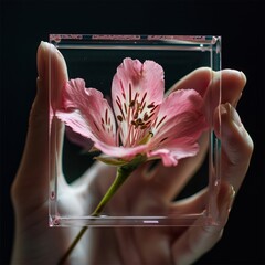 Pink flower in transparent glass cube in hand isolated on black background.