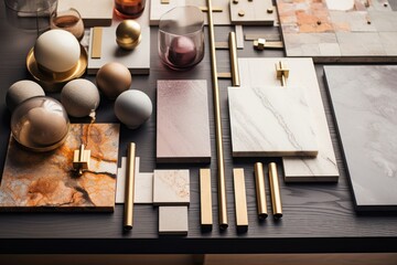 flatlay of samples for architectural design elements and moodboard - obrazy, fototapety, plakaty