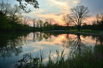 As the sun rises over the marsh, the still water reflects the serene landscape of trees and grass, creating a natural masterpiece of tranquility and beauty