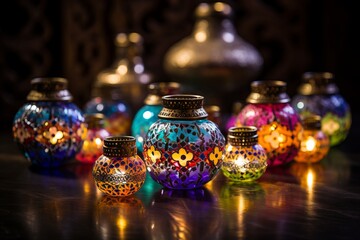 Festive Ramadan lanterns. Vibrantly designed, adorned with intricate patterns, casting a joyful glow