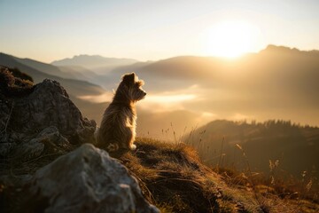 As the fog dissipates and the sun rises over the mountain, a loyal canine sits atop a rocky hill, basking in the beauty of nature's ever-changing landscape - obrazy, fototapety, plakaty