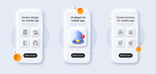 Windmill turbine, Seo gear and Dryer machine line icons pack. 3d phone mockups with bell alert. Glass smartphone screen. Friends couple, Fisherman, Serum oil web icon. Vector