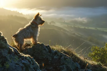 Fotobehang A majestic dog surveys the vast landscape, perched upon a rocky pedestal as the sun casts a warm glow upon the grassy mountainside and endless sky © Milos