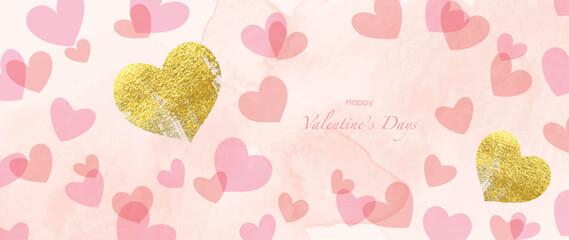 Happy Valentines day pink background vector. Romantic symbol drawing of pink watercolor doodle hearts, gold texture. Love illustration for greeting card, web banner, fabric, package, cover.
