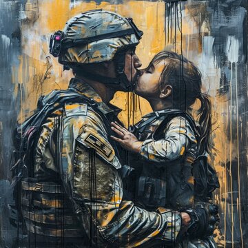 Soldier kisses his girl. Graffiti on the wall. The concept of love.
