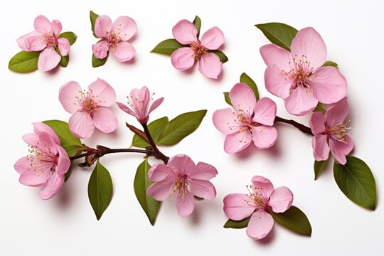 Set of pink flowers and green leaves of Malus floribunda (profusely flowering apple) isolated on white or transparent background