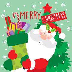 Cute Santa Claus with Christmas Tree and Presents