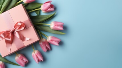 Mother's Day decorations concept. Top view photo of blue giftbox with ribbon bow and bouquet of pink tulips on isolated pastel pink background with copyspace. Holiday web banner. Top view. Tenderness