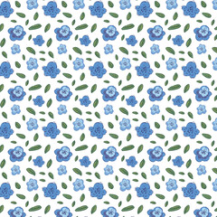Delicate blooming blue flowers in spring. Pattern of blue flowers and green leaves for fabric and textiles or design of a card or congratulation.