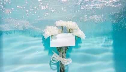 水の中の白い花束とメッセージカード
