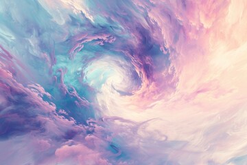 A mesmerizing painting captures the essence of nature's powerful vortex, swirling through a pastel sky of blue and pink clouds