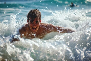 A determined swimmer braves the crashing waves of the vast ocean, sporting swimwear and riding the water with a human face full of determination and love for the outdoor sport of swimming