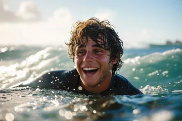 Foto op Plexiglas A lone man glides through the crystal blue ocean, his face lit up with joy as he conquers the waves while surfing in the peaceful outdoor setting © Milos