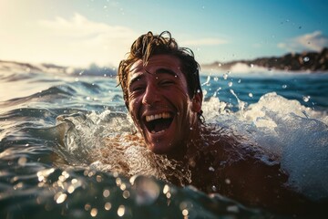 A joyful man basks in the refreshing embrace of the ocean, his beaming face a testament to the liberating thrill of swimming in the great outdoors - obrazy, fototapety, plakaty