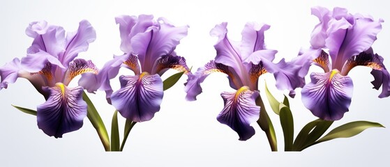 Set of blossoming iris flowers close-up, isolated on a transparent background. PNG, cutout, or clipping path.
