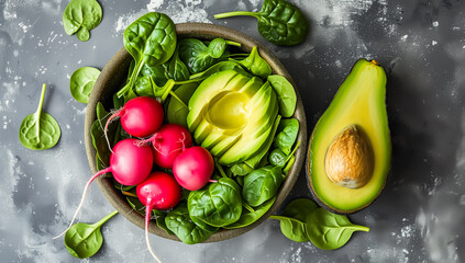 A bowl of fresh vegetables and greens on a black textured surface. Inside the bowl are bright red radishes with green stems attached, vibrant green spinach leaves, and slices of ripe avocado. - obrazy, fototapety, plakaty