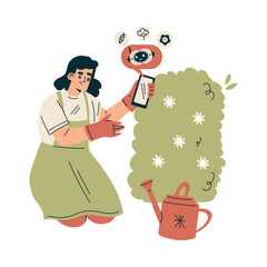 Artificial Intelligence with Woman Character Do Garden Work with Chatbot Vector Illustration