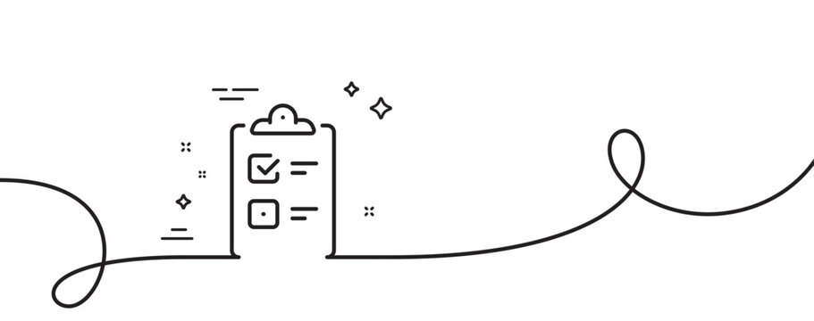recommend clip art: Checklist line icon. Continuous one line with curl. Clipboard document sign. Questioning survey symbol. Checklist single outline ribbon. Loop curve pattern. Vector