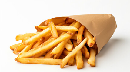 A brown paper bag filled with golden, crispy French fries against a white background. The fries are sticking out of the top of the bag, showcasing their cooked and appetizing appearance. - obrazy, fototapety, plakaty