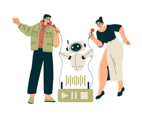 Artificial Intelligence Technology with Man and Woman Character Sing Karaoke with Bot Vector Illustration