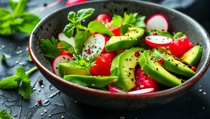 A close-up view of a vibrant and colorful fresh avocado salad with radishes, herbs, tomato and spices served in a bowl on a dark textured surface.  - obrazy, fototapety, plakaty