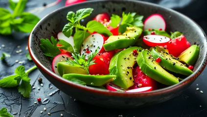 Keuken spatwand met foto A close-up view of a vibrant and colorful fresh avocado salad with radishes, herbs, tomato and spices served in a bowl on a dark textured surface.  © Andrey