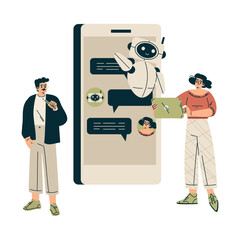Artificial Intelligence Technology with Man and Woman Character Have Chat with Bot Vector Illustration