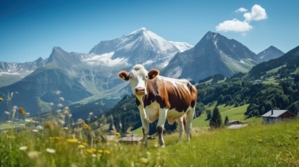 Cow grazing in a mountain meadow in Alps mountains, Tirol, . View of idyllic mountain scenery in Alps with green grass and red cow on sunny day. European mountain landscape - obrazy, fototapety, plakaty