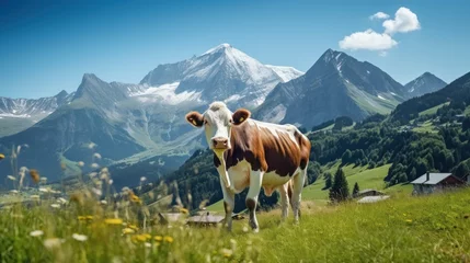 Keuken spatwand met foto Cow grazing in a mountain meadow in Alps mountains, Tirol, . View of idyllic mountain scenery in Alps with green grass and red cow on sunny day. European mountain landscape © Tisha