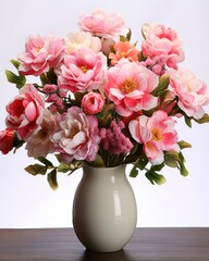 Big bouquet of pink flowers and greens in white vase. Isolated.