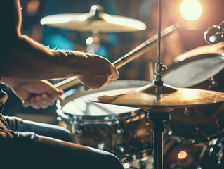 Close-up of a drummer playing with sticks in motion, vibrant live music scene. - Powered by Adobe