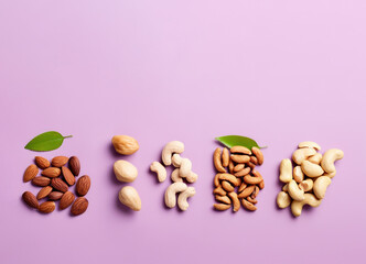 Top view of nut mix of peanuts, cashews, hazelnuts and almonds on a light purple background. Free space for product placement or advertising text.