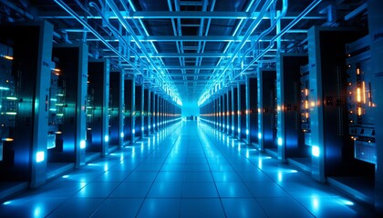 State of the art data center with organized server racks emitting captivating blue glow