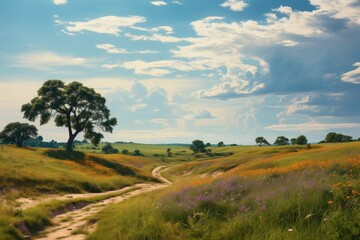 Summer on the plains and hills. Vegetation, flowers, a tree, a path and warm colors