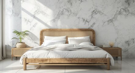 Scandinavian Luxury: Modern Bedroom Interior with Wooden Rattan Bed and Elegant Marble Wall Background