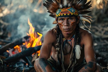 Fototapeta na wymiar Portrait of a Serious Indigenous Man from the Amazon Sitting by the Fire, Embracing Tribal Tradition and Culture