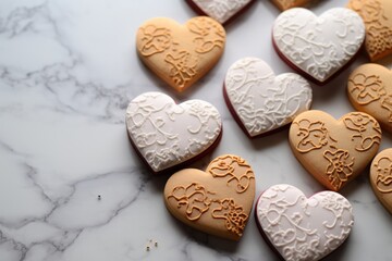 Obraz premium Stamped Heart Cut-Out Cookies on a Marble Background