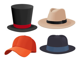 Vector hat collection illustrate, Female and male headwear, derby and cowboy, straw hat, cap, panama and cylinder. eps