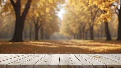 Naklejka na ściany i meble empty white wooden linden table with blurred autumn background